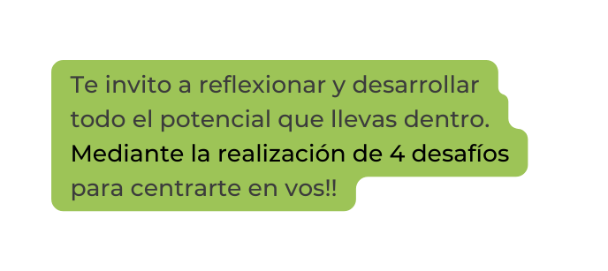 Te invito a reflexionar y desarrollar todo el potencial que llevas dentro Mediante la realización de 4 desafíos para centrarte en vos